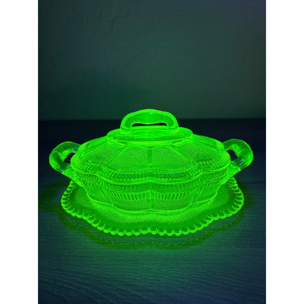Antique 1880s Bryce Brothers Lorne Vaseline Uranium Glass Lidded Butter Dish